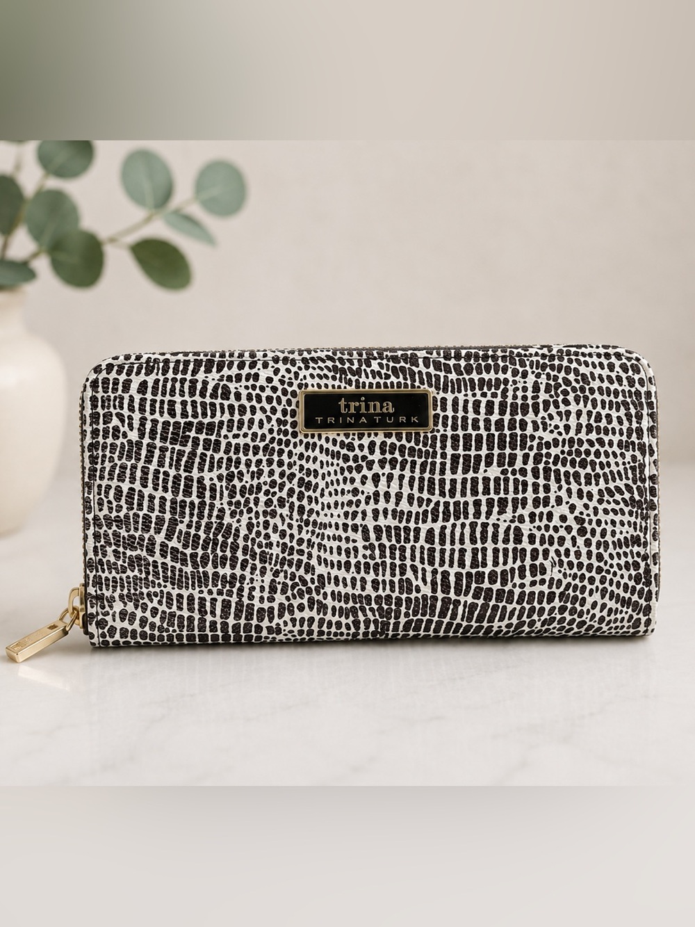 Trina Turk Black & White Textured Zip Wallet with Gold Logo Plaque